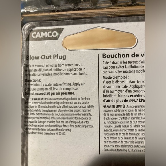 4/$25 Camco winterizing blow out plug. Great for RVs, mobile homes - Picture 2 of 3